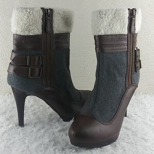 ELLE Gray Wool Fleece Two Buckle Upper Pointed Toe Side Zip Stiletto Ankle Boot